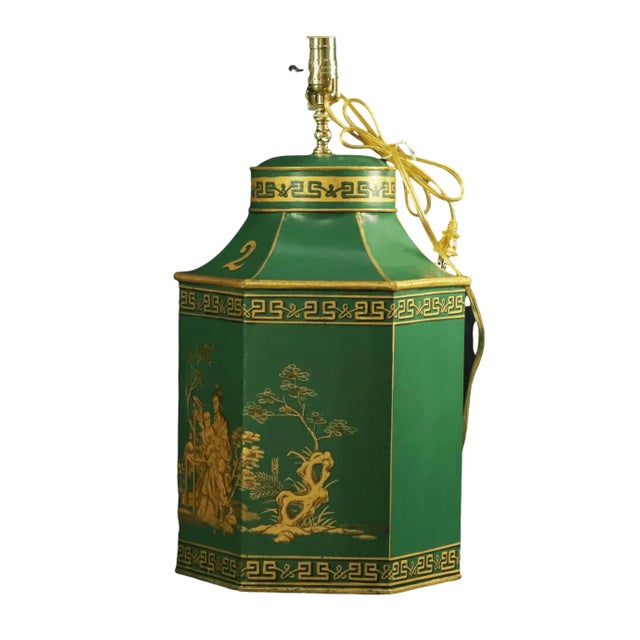 Metal Pair Vintage English Export Tea Caddy Hand-Painted Chinoiserie Figurines Table Lamp.Hand Drawn Table Lamp, Retro Table Lamp For Sale - Image 7 of 9