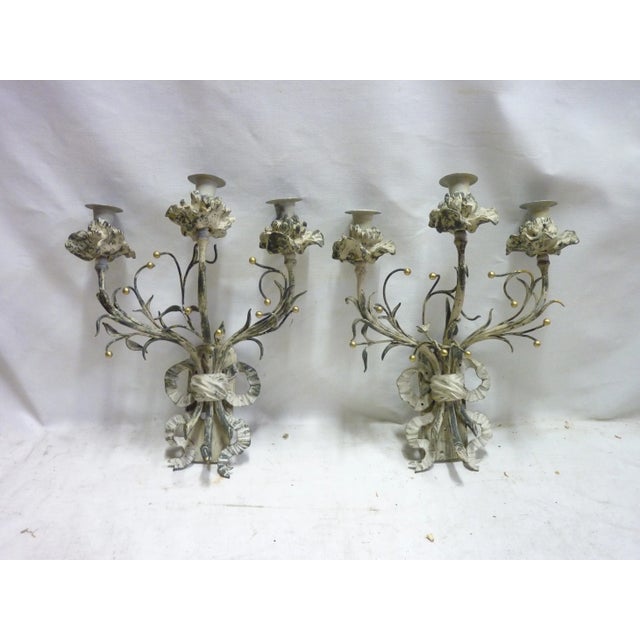 Circa 1920's French Bronze three arm sconces, over painted with grey paint, small brass orbs added later, floral...