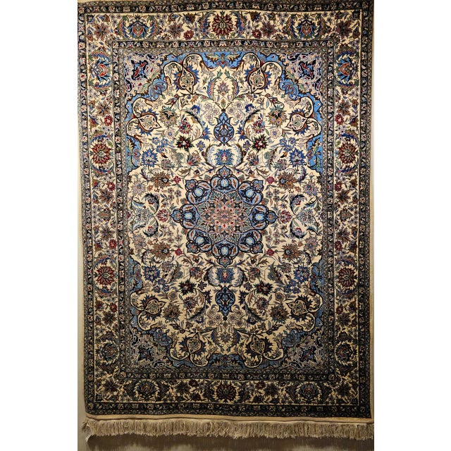 Vintage Tabriz Design Area Rug, Hand-Knotted Wool, Floral Pattern, Ivory & Blue, 6x8 For Sale - Image 14 of 18