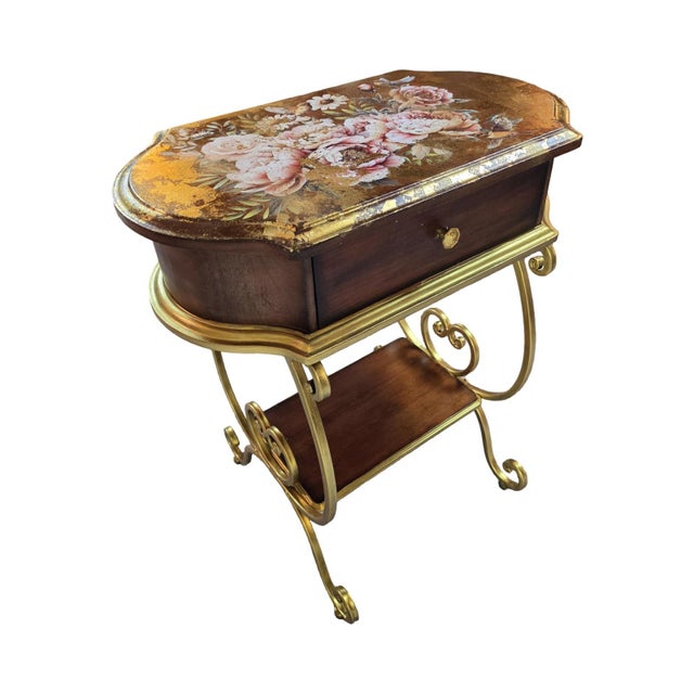 One-of-a-Kind Vintage Accent Table With 18k Gold Foil, Hand-Painted Floral & Bird Motif For Sale - Image 4 of 10