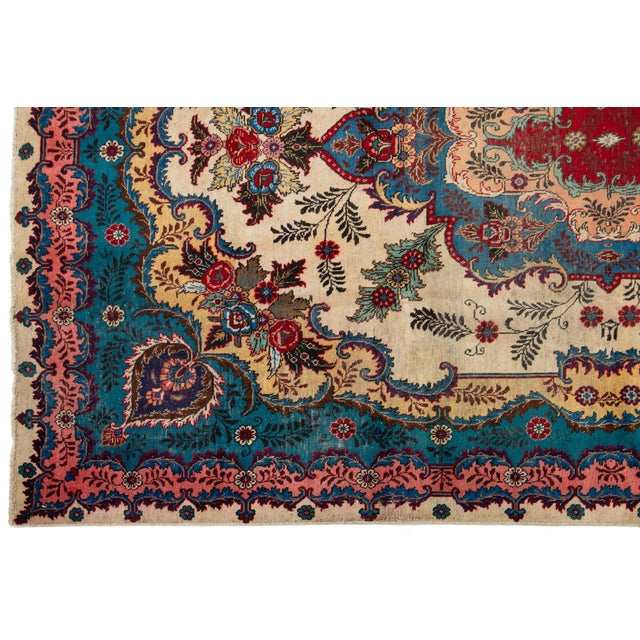 Vintage Hand-Knotted Blue Wool Rug Persian Tabriz With Medallion Design For Sale - Image 4 of 9