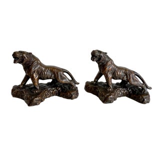 Vintage Pair of Tiger Bronze Finish Metal Bookends For Sale