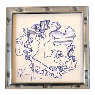 Original Vintage Wayne Cunningham Abstract Ink Drawing Metal Tabletop Frame For Sale