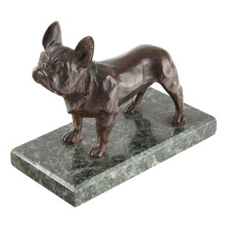 The Little Guardian: Bronze Study of a French Bulldog on Marble Base For Sale