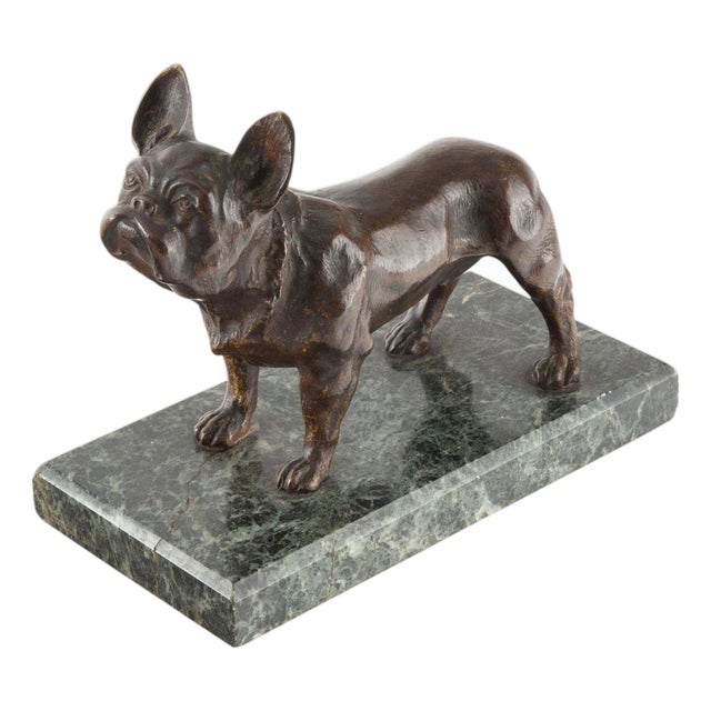 The Little Guardian: Bronze Study of a French Bulldog on Marble Base For Sale