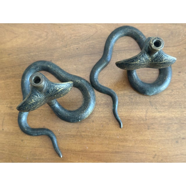 Brass Antique Brass Cobra Candlestick Holders Decor - Pair For Sale - Image 8 of 9
