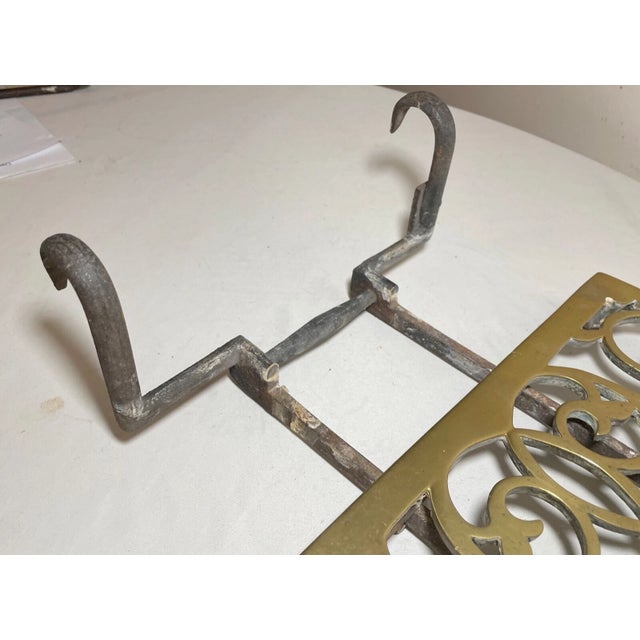 Brass Rare Antique 1700's Hook Brass Wrought Iron Fireplace Pot Trivet Hearth Stand For Sale - Image 8 of 11