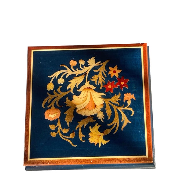 Blue 1970s Vintage Dark Blue Italian Wood Inlay Musical Box For Sale - Image 8 of 9