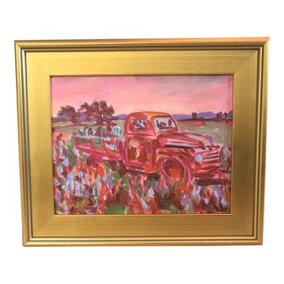 Vintage Red Truck in Field Painting Including the Antiqued Gold Wood Frame For Sale