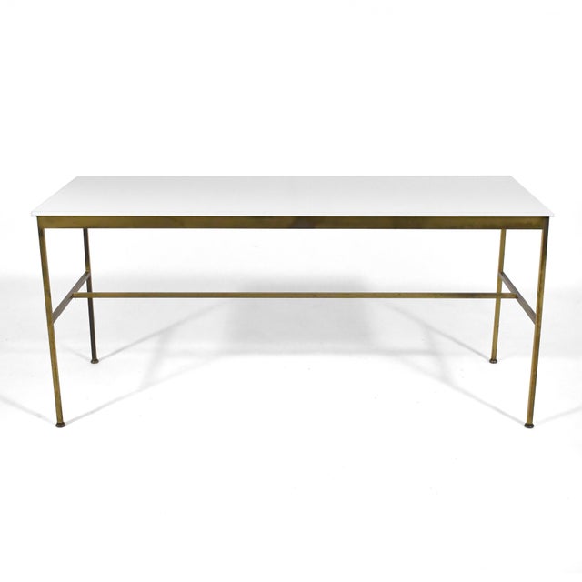 Mid-Century Modern Paul McCobb Brass Base Console Table with Vitrolite Top For Sale - Image 3 of 7