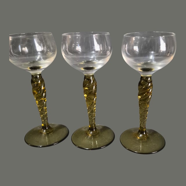 Mid-Century Modern Vintage Four Venetian Hand Blown Twisted Olive Green Glass Stem Liquor Glasses For Sale - Image 3 of 9