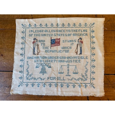 Vintage Cross Stitch "Sampler" Style Linen Pledge of Allegiance Art. Unframed. Could be made into a pillow or framed....