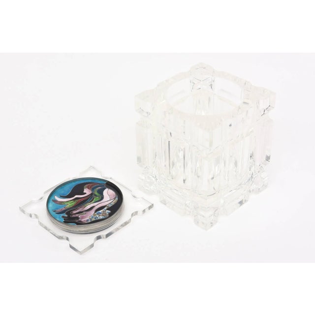 Transparent Vintage Lucite Vessel or Box With Signed Foiled Enameled Cloisonne Top For Sale - Image 8 of 11
