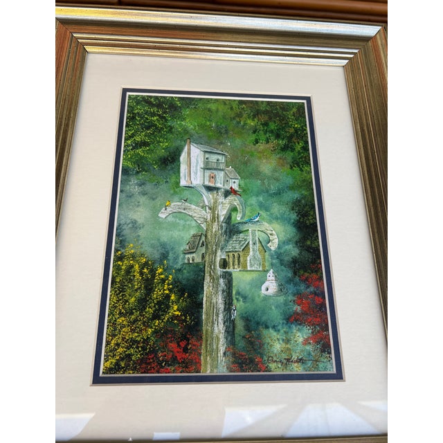 Late 20th Century Late 20th Century Framed Colorful Painting of Blue Jay Bird & Birdhouse Signed - Pair For Sale - Image 5 of 8