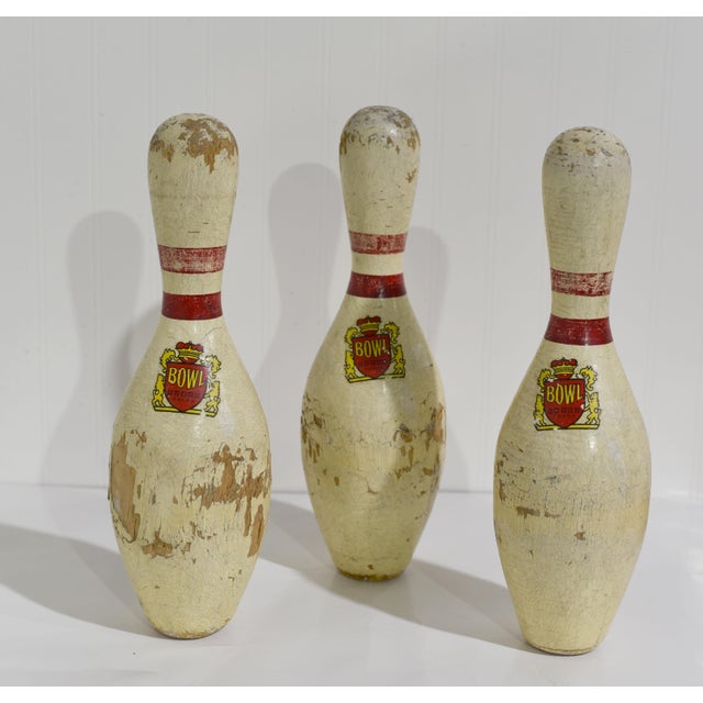 Vintage Red Crown Brunswick Bowling Pins - 3 Pieces For Sale - Image 10 of 11