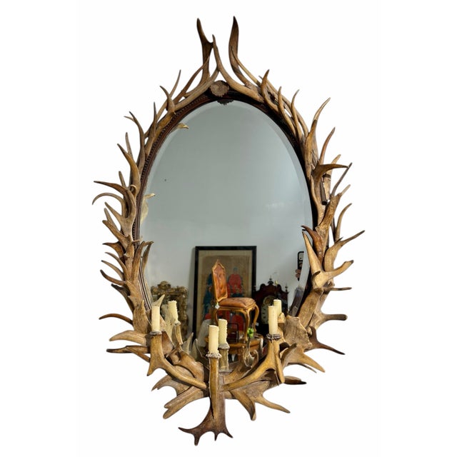 Superb Oval Designer Candelabra Antler Mirror For Sale - Image 4 of 4