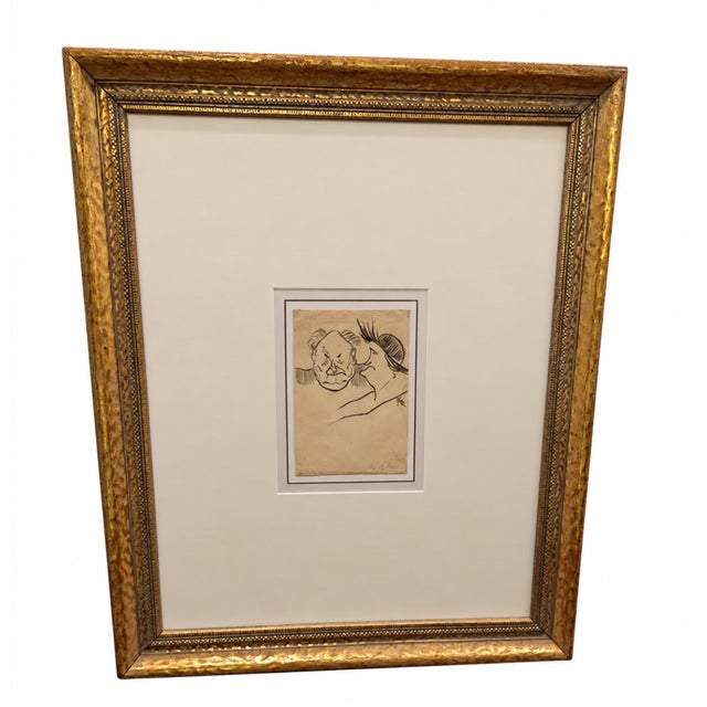 Vintage French Pen & Ink Society Caricature "Les Sylvain" Signed Fazi - Custom Gilt Frame W/ Coa For Sale