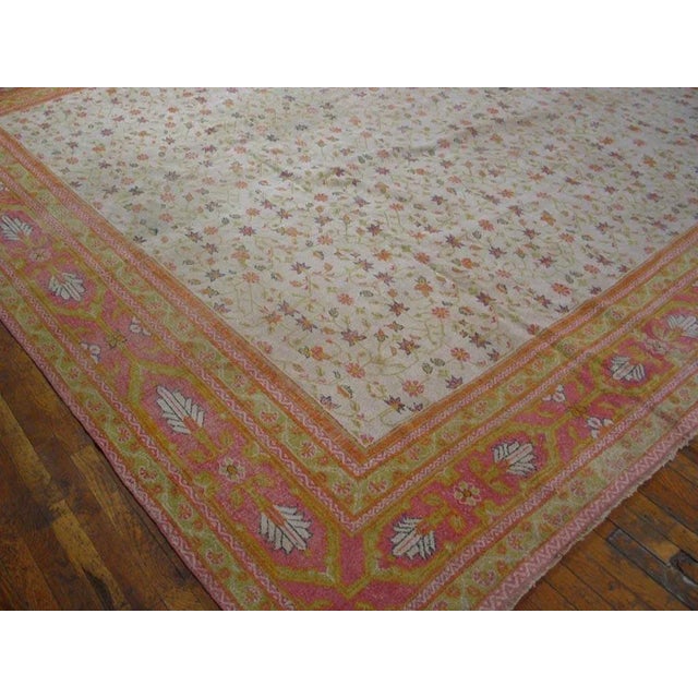 Pretty Yellow Color and Pink Border Doubled Palmettes Floral Design Antique Indian Agra Rug For Sale - Image 4 of 5
