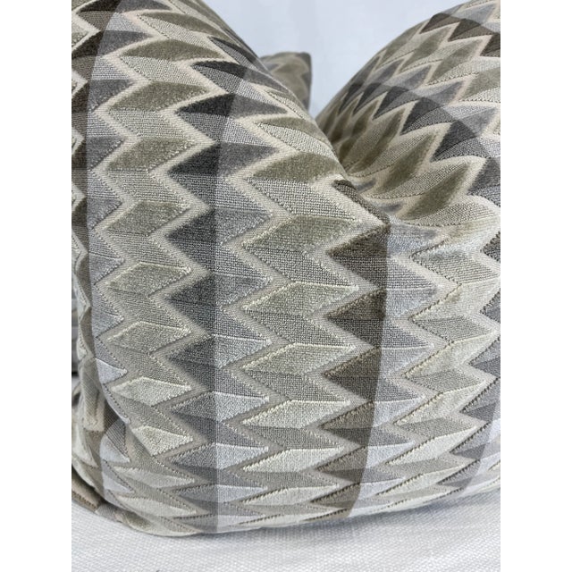 Custom pair of 22" pillows covered in Bailey & Griffin "Eremito Velvet" in taupe. These pillows have tapered corners to...