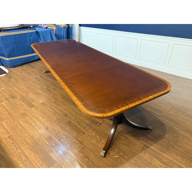 Traditional Multi-Banded Mahogany Double Pedestal Dining Table - Showroom Sample For Sale - Image 9 of 15