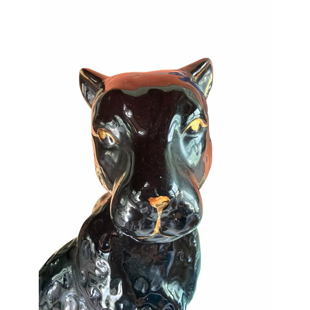 Hollywood Regency Vintage Black Ceramic Cat Cheetah Panther Statue Gold Accent Panther Sculpture |Hollywood Regency Animal Figurine For Sale - Image 3 of 11