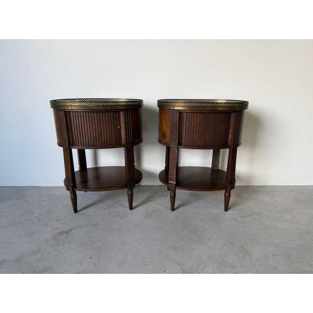 Hollywood Regency Vintage Baker Furniture French Regency Style Tambour Door Nightstands With Pierced Brass Gallery – A Pair For Sale - Image 3 of 12