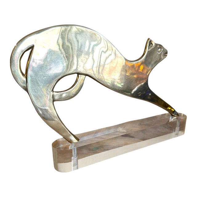 Early 20th Century Werkstätte Stretching Brass Cat on Clear Plinth Hagenauer Style For Sale