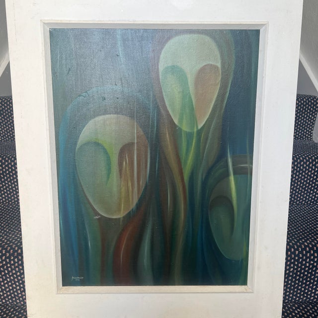 A large 32x26 original abstract oil painting by Elise Friederike, titled “As Mascaras” and dated 1978. The composition...