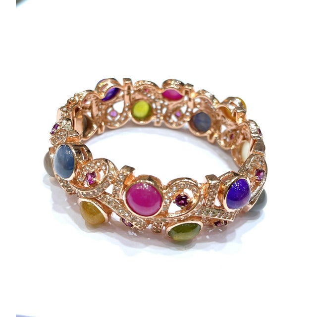 Bochic “Capri” Vintage Ruby & Multi Sapphire Cuff Set In 18K Gold & Silver Natural Rubies & Multi Color Sapphires 29...