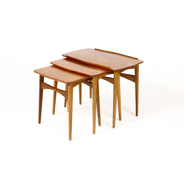 Danish Modern Mid Century Vintage Teak + Oak Nesting Tables — Set of Three — Attributed to Svend Aage Madsen For Sale In Los Angeles - Image 6 of 15