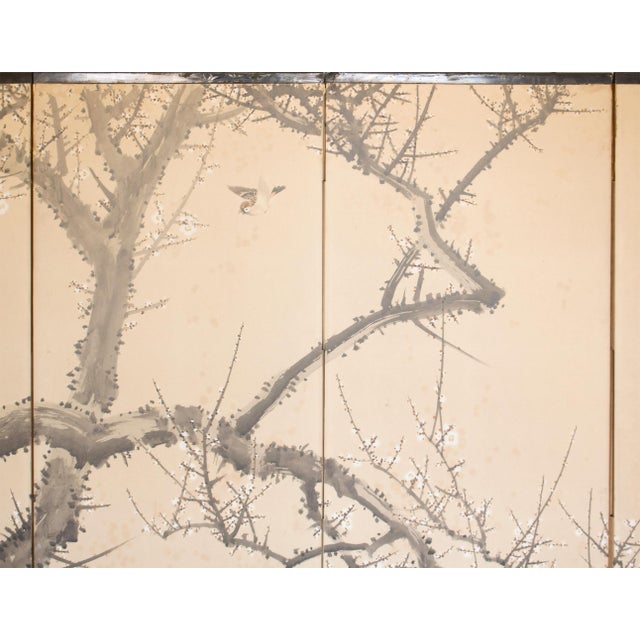 Large Taisho Japanese Byobu Screen "Sparrow and the Plum Tree" by Ryosetsu Kobe For Sale - Image 11 of 18
