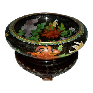 Antique Large Cloisonne Bowl W/Carved Wood Base For Sale