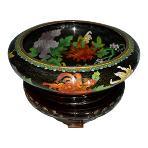 Antique Large Cloisonne Bowl W/Carved Wood Base
