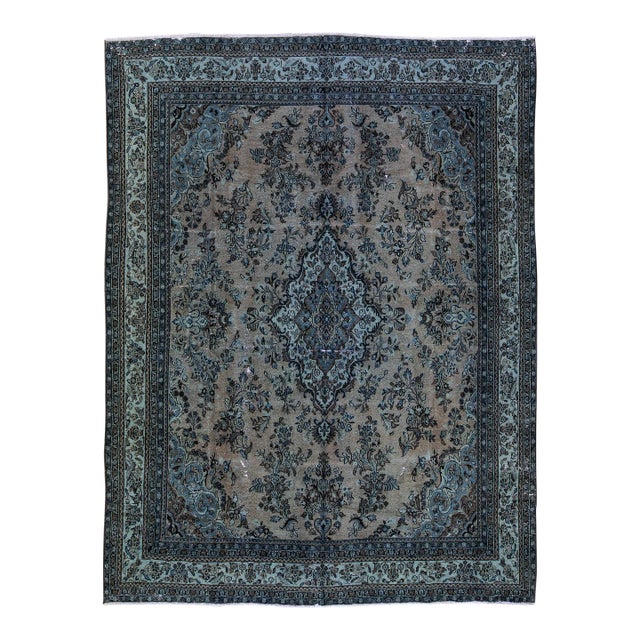 1960s Vintage Persian Blue Handmade Floral Wool Rug For Sale