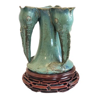 Vintage Green Glazed Vase With Fish on Rosewood Stand For Sale