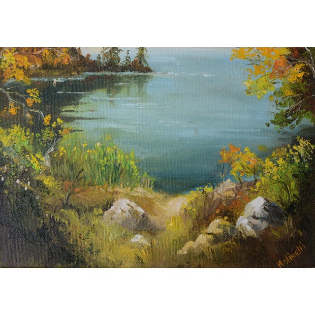 Blue Small Signed Vintage Mountains & Lake Landscape Painting For Sale - Image 8 of 10