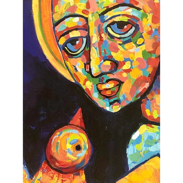 Beautiful acrylic painting with a mosaic technic. The colors are very vibrant, royal blues and rich golden yellows....