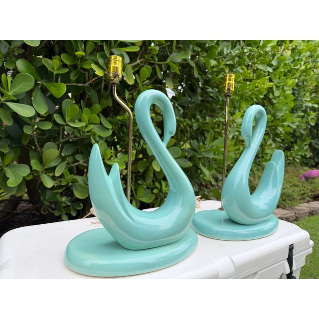 Mid 20th Century Vintage Sculptural Aqua Swan Table Lamps, Pair For Sale - Image 5 of 11