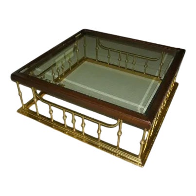 Erwin Lambeth Glass Wood Brass Coffee Table For Sale