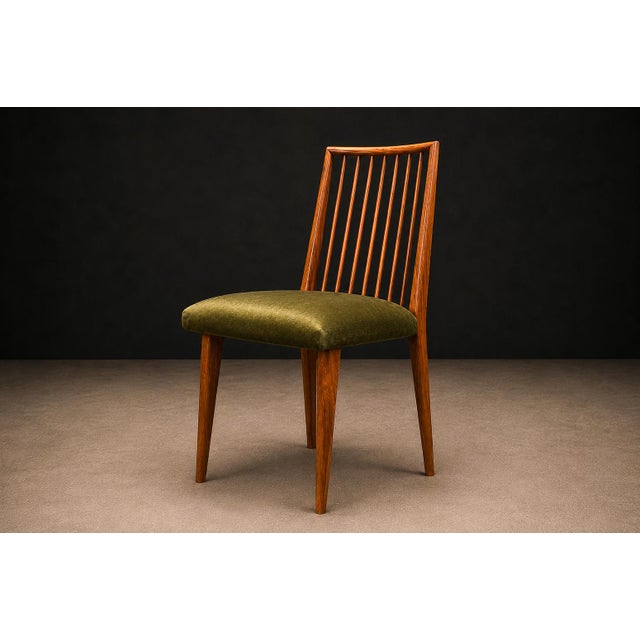 Rare Set of Six Dining Chairs by Joaquim Tenreiro in Caviúna Wood & Olive Green Mohair, Brazil, 1950s For Sale - Image 9 of 16