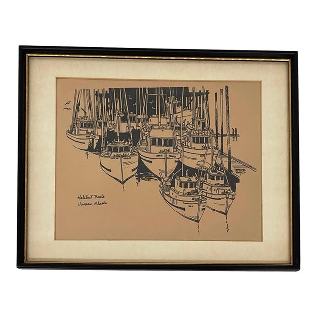 Mid-Century Style Bruce Boyd "Halibut Boats, Juneau, Alaska" Framed Graphic Maritime Print. For Sale