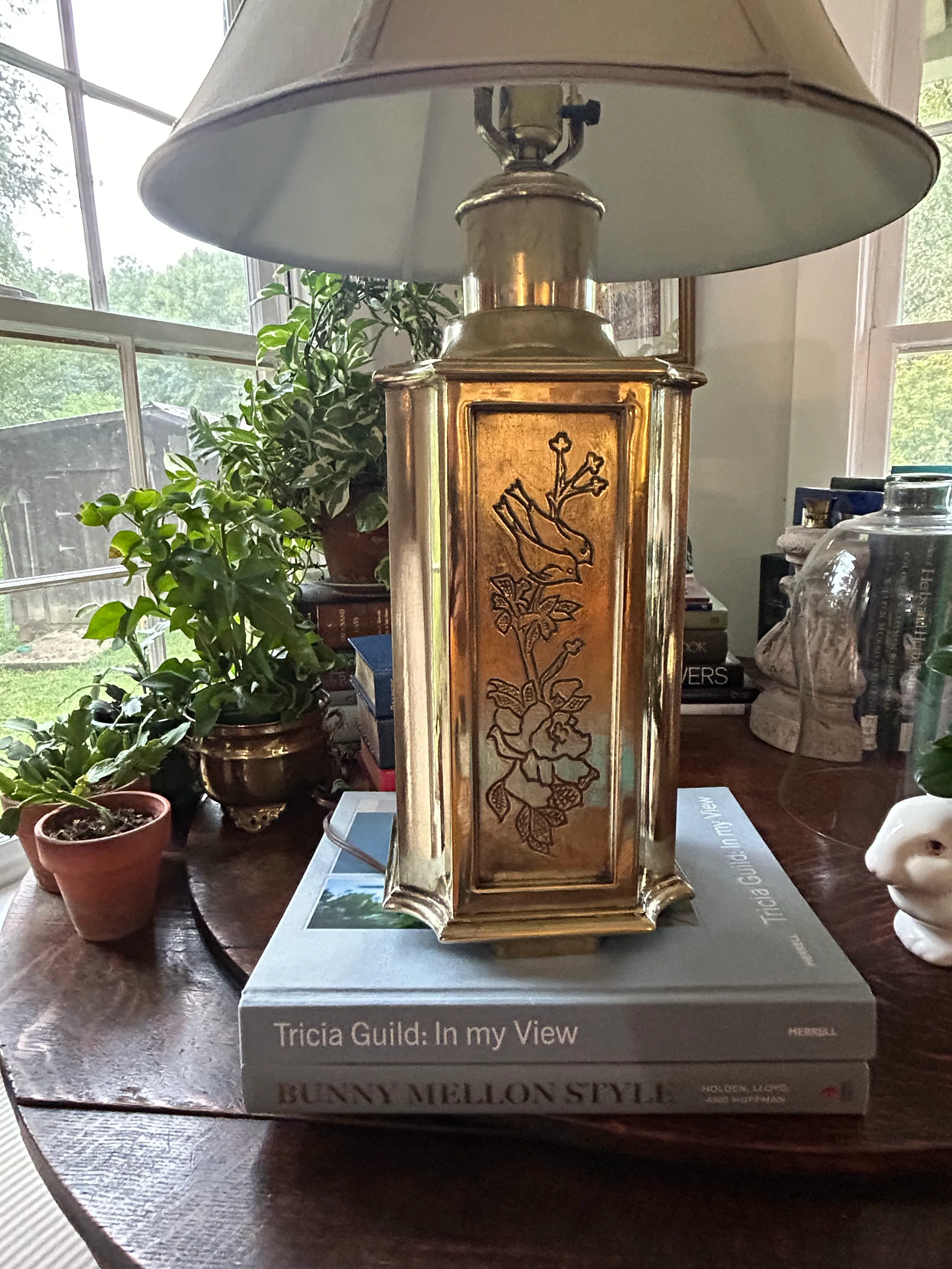 1960's Solid Brass Chinoiserie Etched Canister Lamp | Chairish