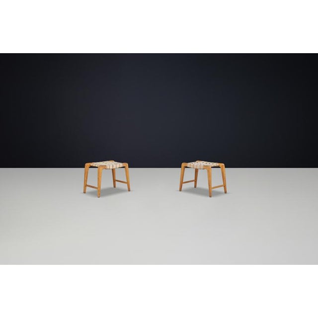 Wood Sculptural Oak Stools with Woven Canvas Straps by Jan Vanek, 1940s, Set of 2 For Sale - Image 7 of 10
