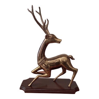 Mid Century Vintage Large Sarreid Brass Reclining Stag Deer Statues on Wood Stand For Sale