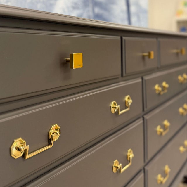 Mid-Century 9-Drawer Lowboy Dresser, Brown Matte Lacquer, Polished Brass Hardware For Sale In Portland, OR - Image 6 of 11
