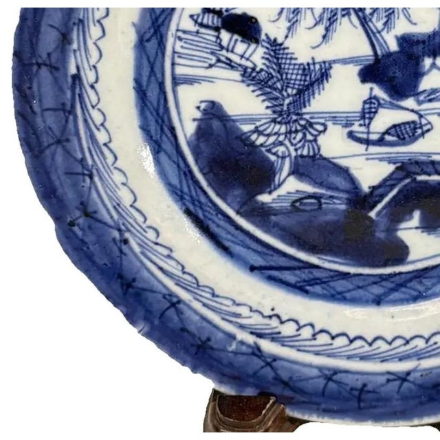 Antique 19th Century Chinese Canton Export Blue & White Porcelain Plate & Stand For Sale - Image 4 of 10