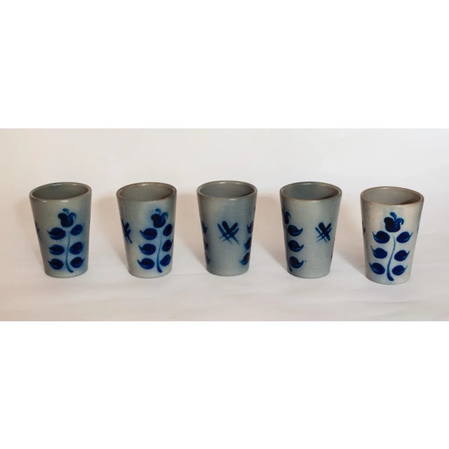 Vintage Schilz Salt Glaze Pottery Pitcher With 5 Cups – Blue & Gray For Sale - Image 9 of 11