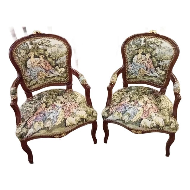Early 19th Century Mahogany Fauteuil Romeo & Juliet Tapestry Armchairs For Sale