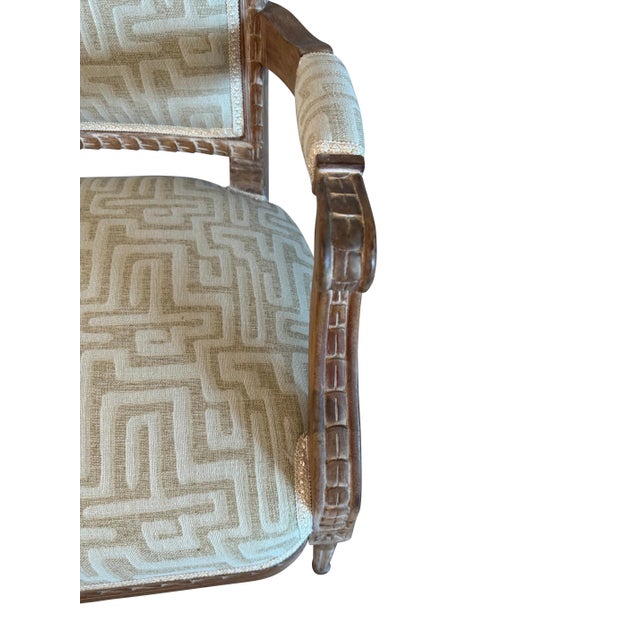 Mid 20th Century French Carved Natural Wood Settee with Modern Geometric Pattern Beige Upholstery For Sale - Image 11 of 18