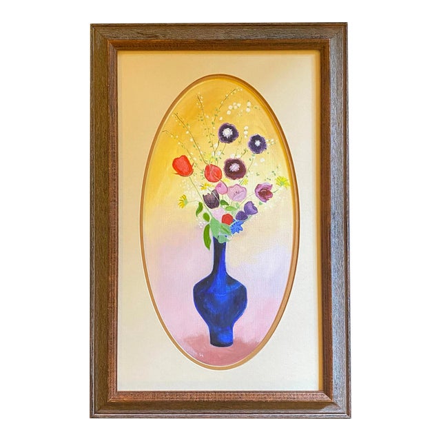 Flowers in a Blue Vase Oil Painting, Framed For Sale